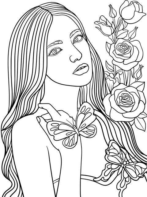 Página de colorear de una hermosa chica con rosas y mariposas