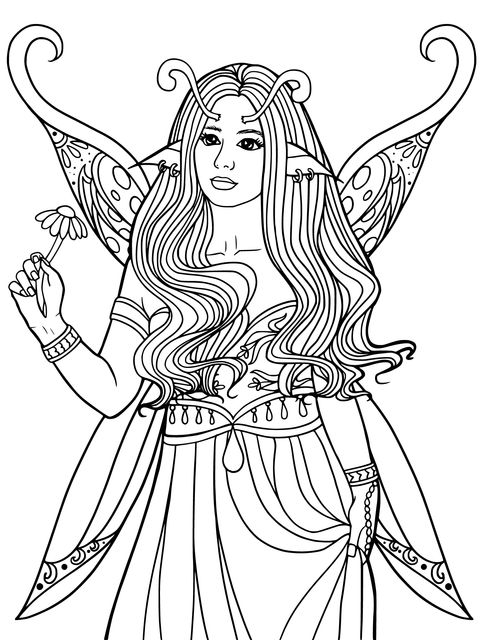 Beautiful Flower - Fairy Coloring Page