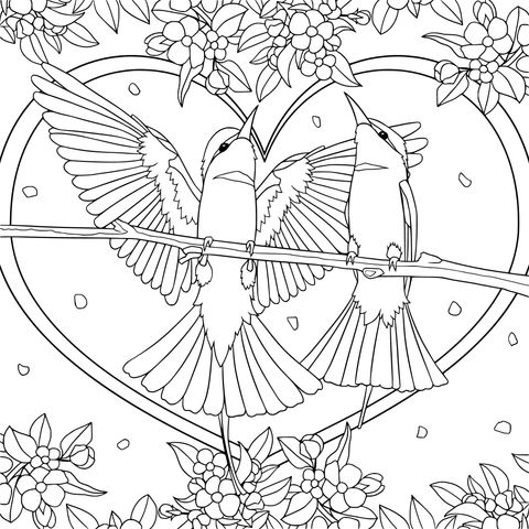 Hummingbirds and Blooming Flowers Heart - shaped Coloring Page