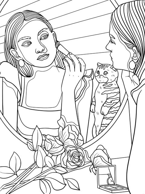 Woman applying makeup in front of a mirror with a cat