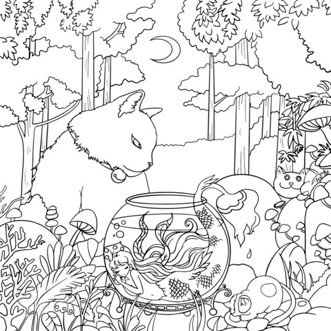 Coloring Page of a Cat and a Mermaid in a Fishbowl in a Magical Forest