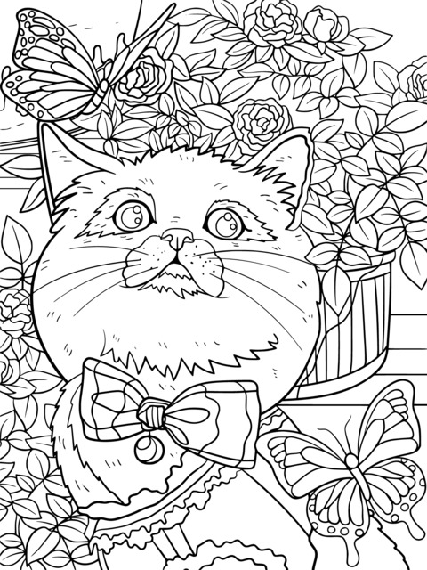 Cute Cat with Butterflies and Flowers Coloring Page