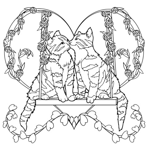 Adorable Cats on a Heart - Shaped Swing Coloring Page