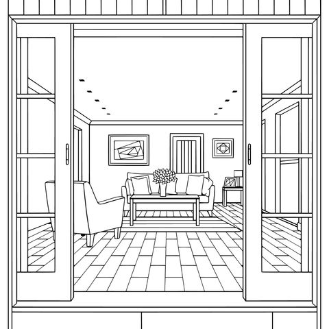 Visión de la sala de estar a través de puertas francesas