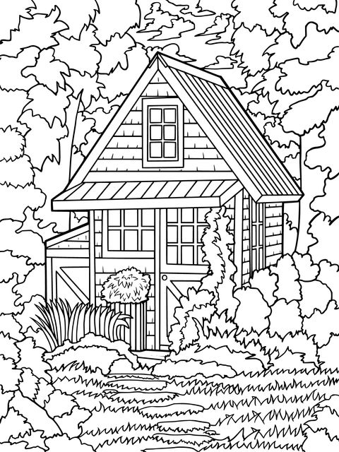 Coloring Page of a Cottage in the Forest