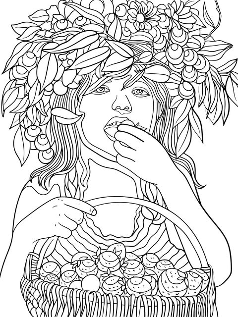 Coloring Page of a Girl with a Flower Crown Eating Strawberries