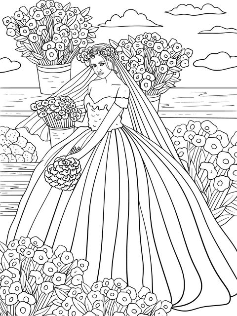 Página para colorir de uma bela noiva com vestido rosa e um ramo de flores