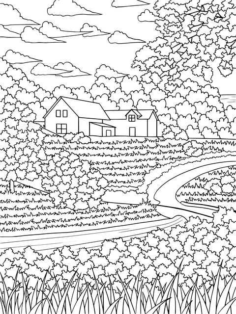 Rural Cottage Landscape Coloring Page