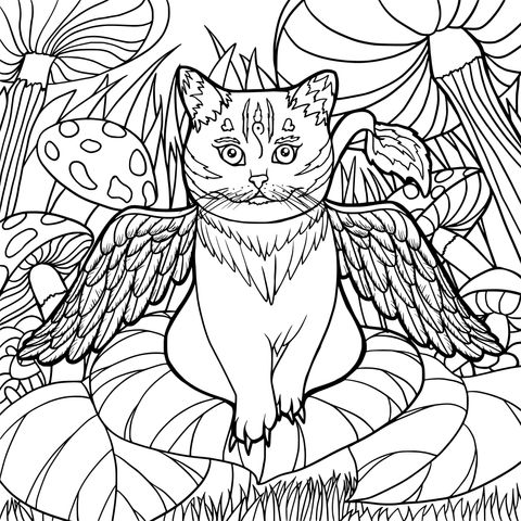 Página de Colorear de Gato Fantástico: Gato con Alas en un Bosque de Setas