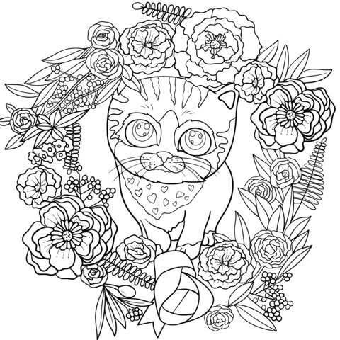 Cute Cat and Floral Coloring Page