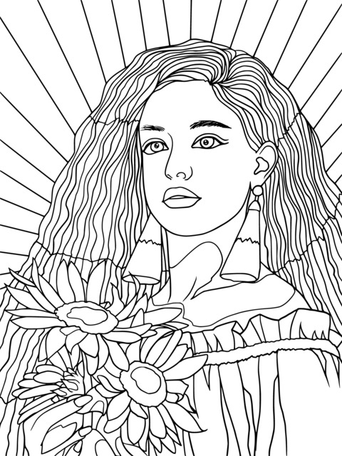 Coloring Page of a Woman with Colorful Long Hair Holding Sunflowers