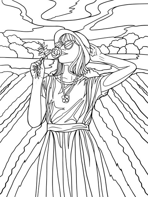 Coloring Page of a Girl in a Lavender Field