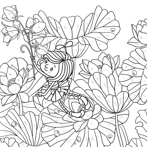 Coloring Page of a Fairy in a Lotus Flower丛