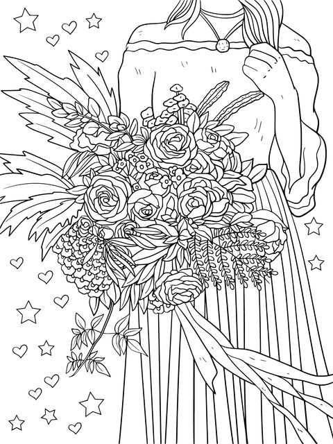 Coloring Page of a Girl Holding a Bouquet