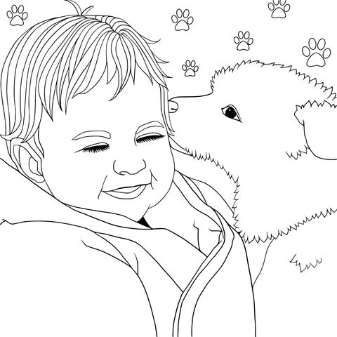 Heart - warming Interaction between a Child and a Dog Coloring Page