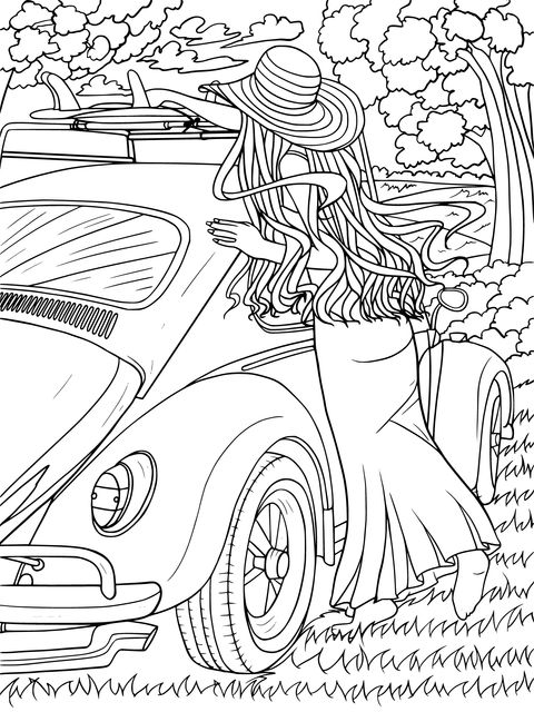 Coloring Page of a Red - Haired Woman and a Vintage Car