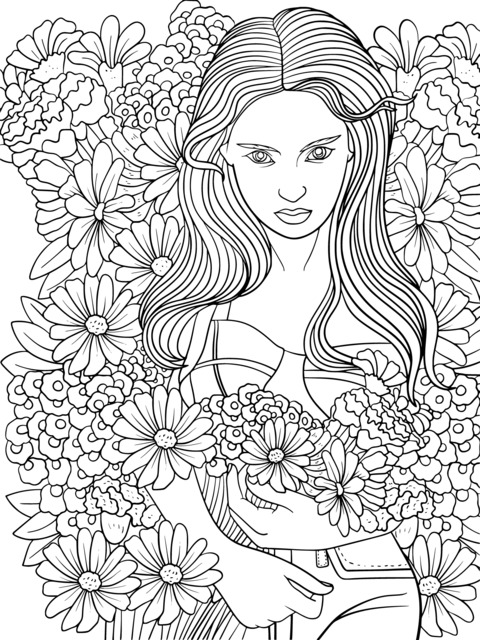 Página de Colorear de la Chica con Flores