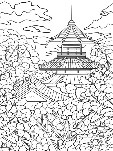 Página de colorir de um edifício japonês rodeado de cerejeiras em floração