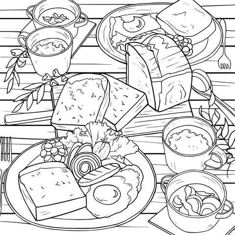 Breakfast - themed Coloring Page: Diverse Delicacies Adorn a Wooden Table