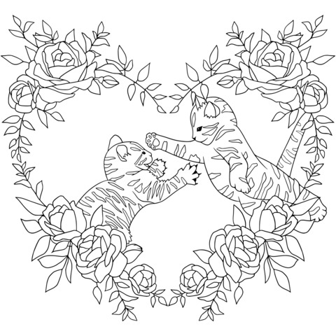 Coloring Page of Cats and Rose - Heart