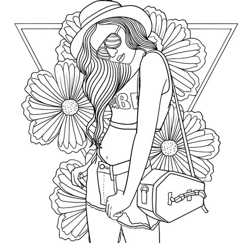 Fashionable Girl with Floral Background Coloring Page