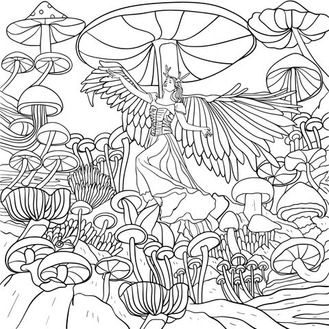 Coloring Page of a Winged Fairy in a Magical Mushroom Wonderland