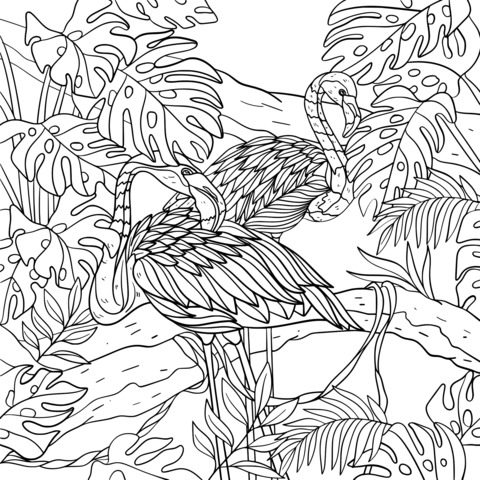 Flamingo and Tropical Plants Coloring Page