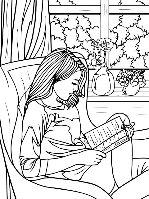 Girl reading comfortably on a sofa by the window on a coloring page