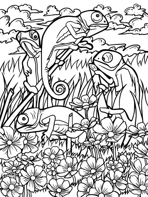 Chameleons in a Flower - filled Scene Coloring Page