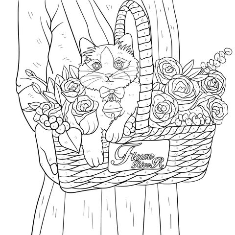 花籃に乗った猫の塗り絵