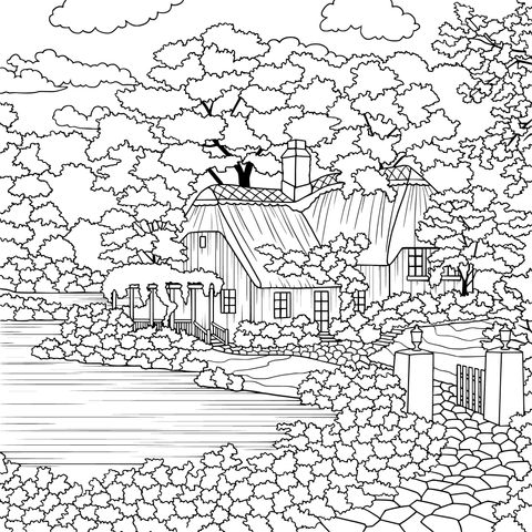 Rural Cottage Landscape Coloring Page