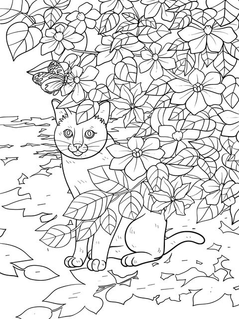 黒猫と紫の花、緑の葉、そして蝶の塗り絵ページ