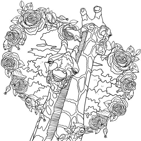 Giraffes and Rose - Heart - shaped Coloring Page