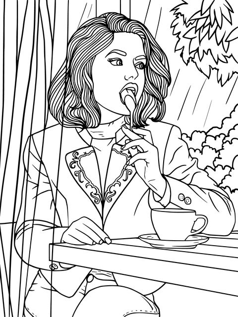 Coloring Page of a Lady Enjoying Coffee Time