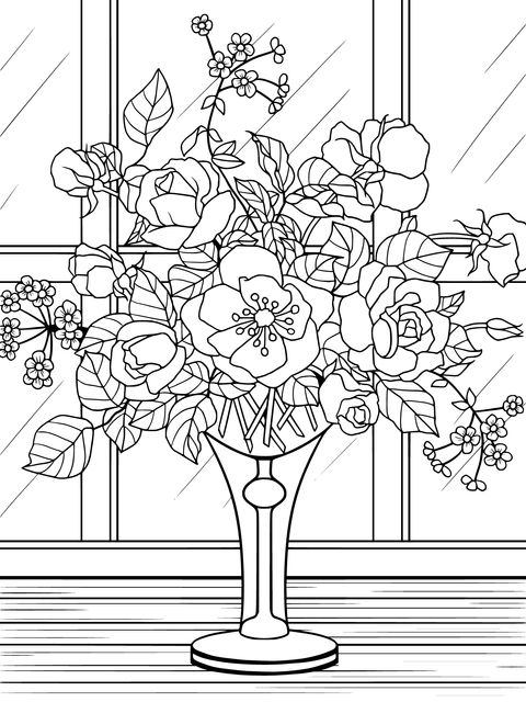 Floral Coloring Page with Vase by the Window