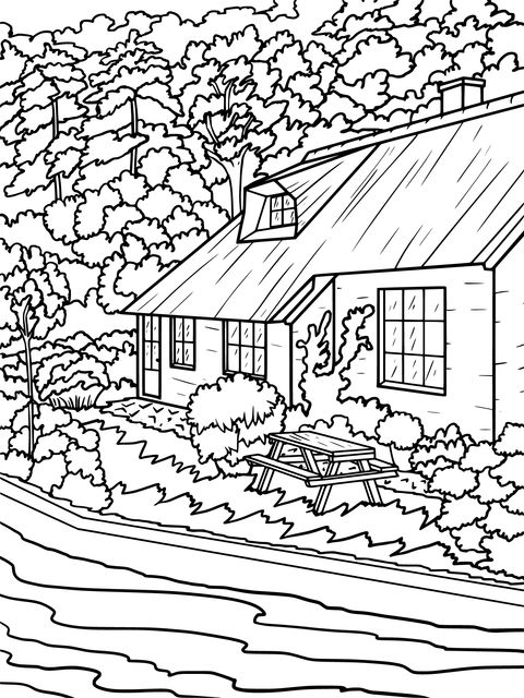 Riverside Cottage Landscape Coloring Page