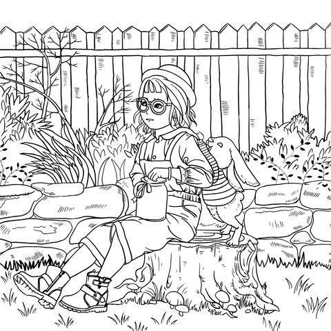 Coloring Page of a Girl and a Rabbit in the Garden