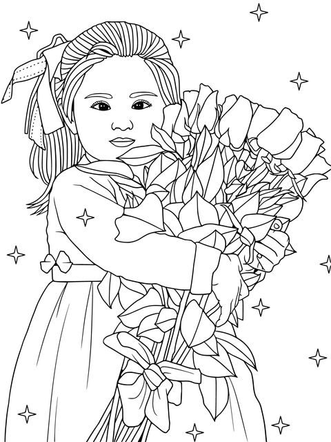 Página para Colorear de una Pequeña Niña Sosteniendo Flores