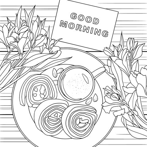 Good Morning - Themed Coloring Page: Coffee, Snacks, and Flowers