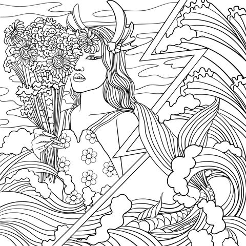 Ilustración de página para colorear de sirena con flores