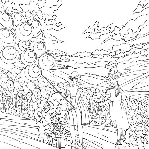 Coloring Page of Girls with Balloons Outdoors