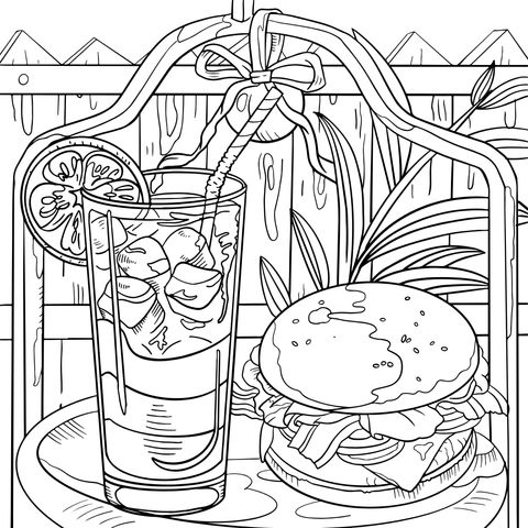 Delicious Burger and Refreshing Drink Coloring Page