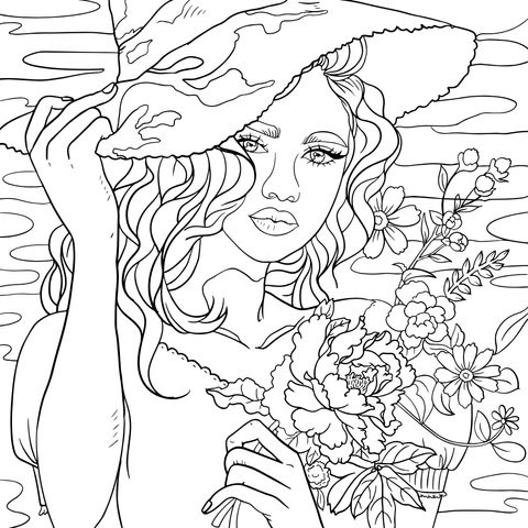 Beautiful Lady Holding Flowers Coloring Page