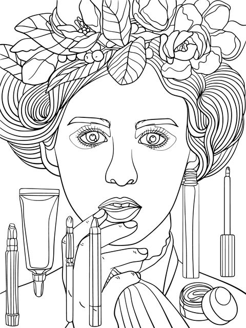 Beauty - themed Coloring Page: Stylish Lady and Colorful Cosmetics