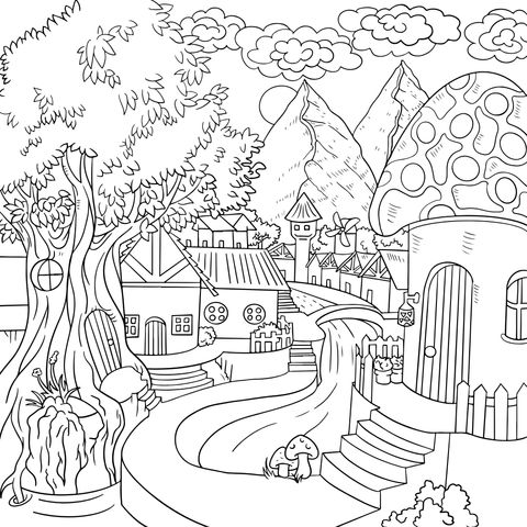 Fantasy Mushroom Village Coloring Page