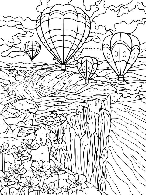 Página de colorir de paisagem com globos aerostáticos