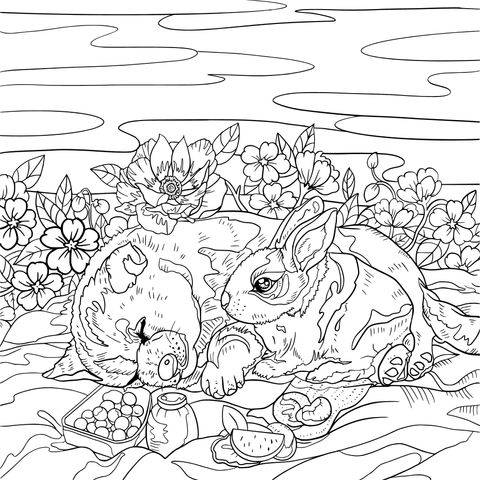 Coloring Page of a Dog and a Rabbit Resting Together