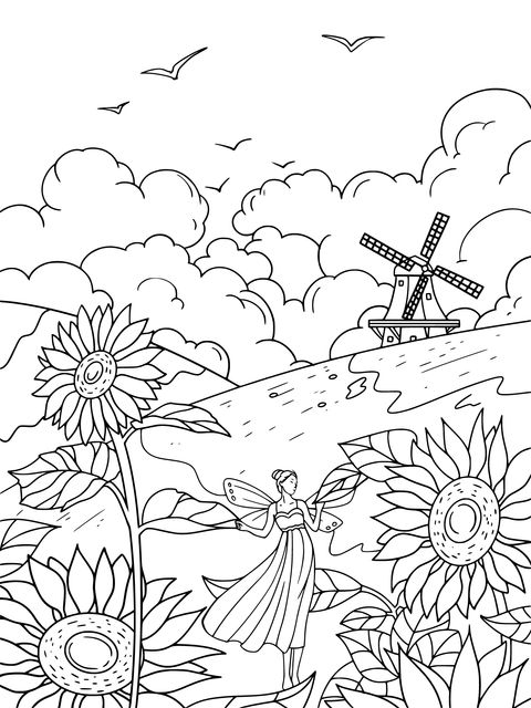 Fairy in Sunflower Field Coloring Page