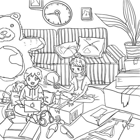 Children having fun unboxing at home coloring page