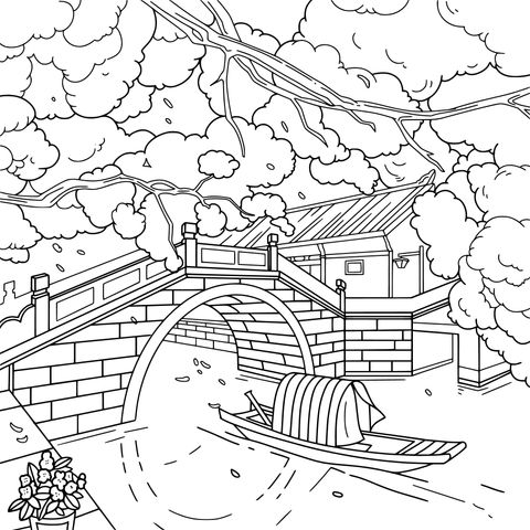 Traditional Autumn Scenery Coloring Page: Bridge, House and Boat